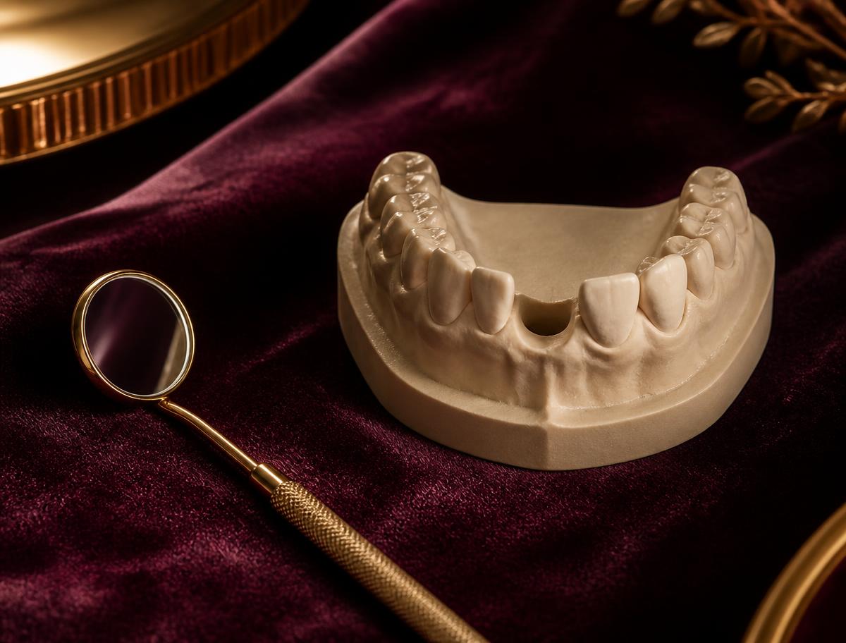 Dental model showing a gap from a missing lower tooth beside a dental mirror